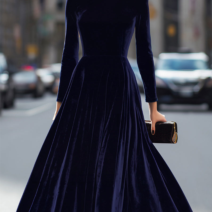 Julie | Robe Midi à Manches Longues Bleu Marine
